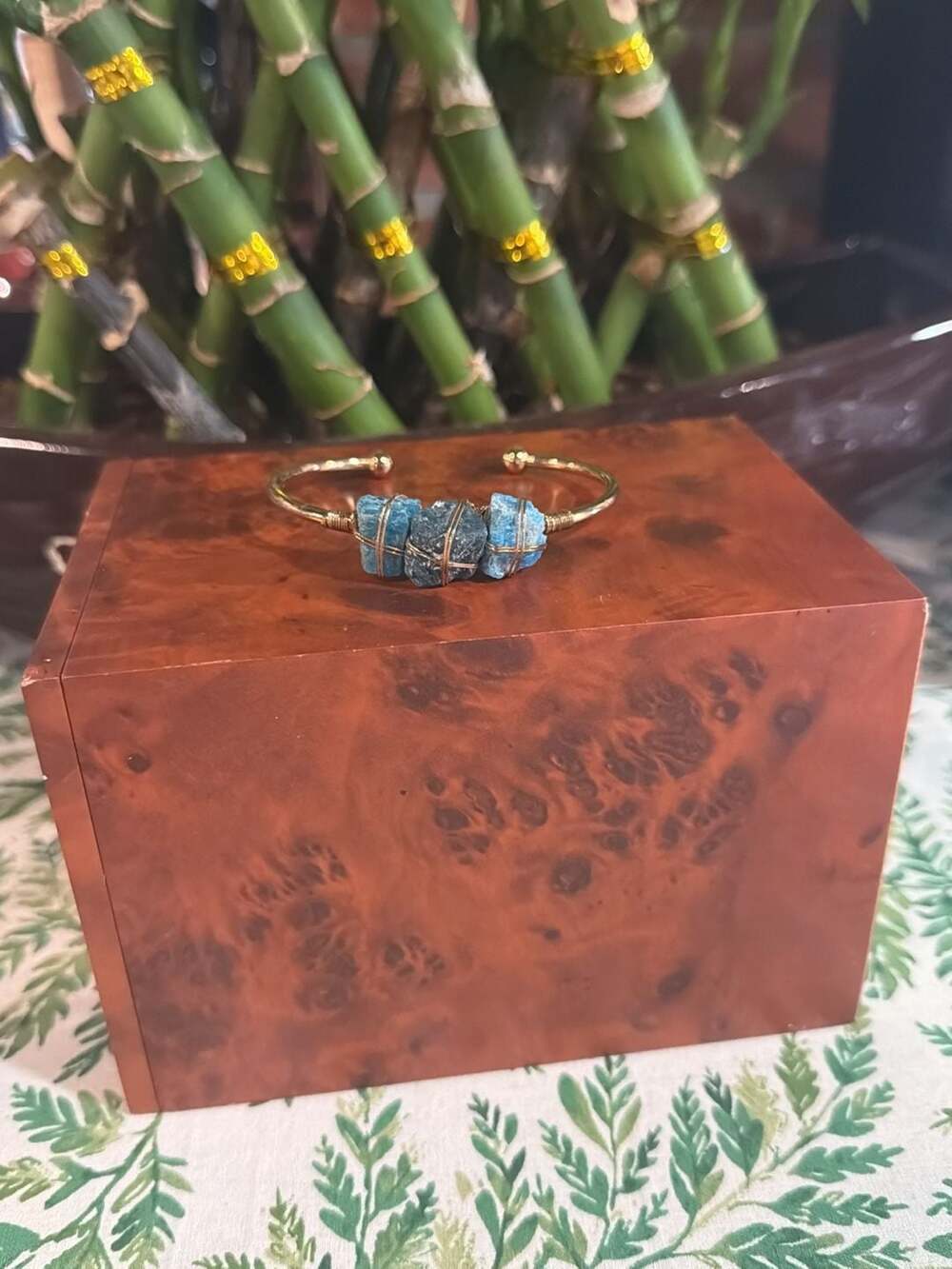 Raw Blue Apatite Wire Wrapped Gold Tone Cuff Bracelet